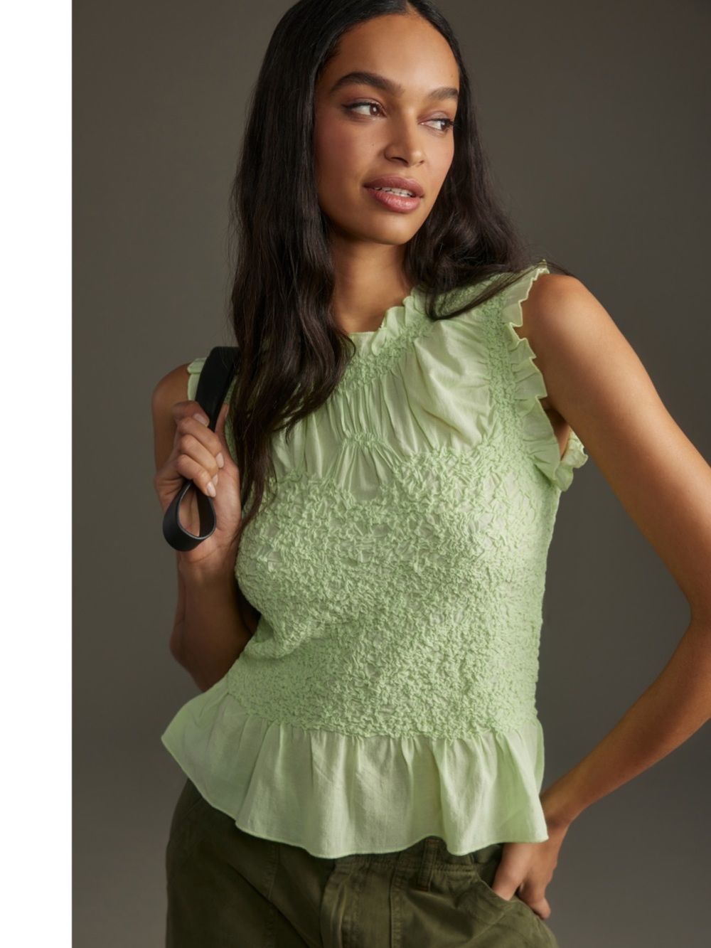 Anthropologie Textured Smocked Blouse in Green